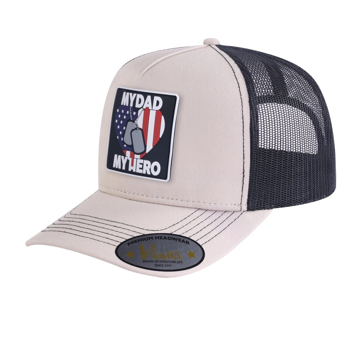 Unisex Embroidered My Dad My Hero, 5-Panel Trucker Hat, Beige/Black, Adjustable Fit