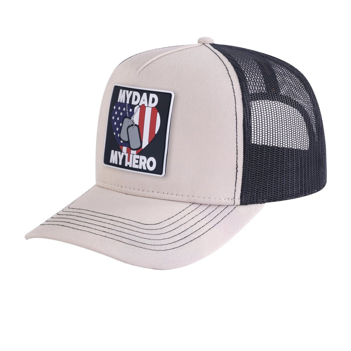 Unisex Embroidered My Dad My Hero, 5-Panel Trucker Hat, Beige/Black, Adjustable Fit