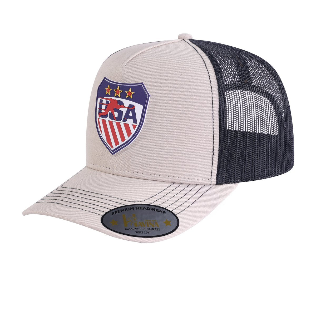 Unisex Embroidered Usa Hockey, 5-Panel Trucker Hat, Beige, Adjustable Fit
