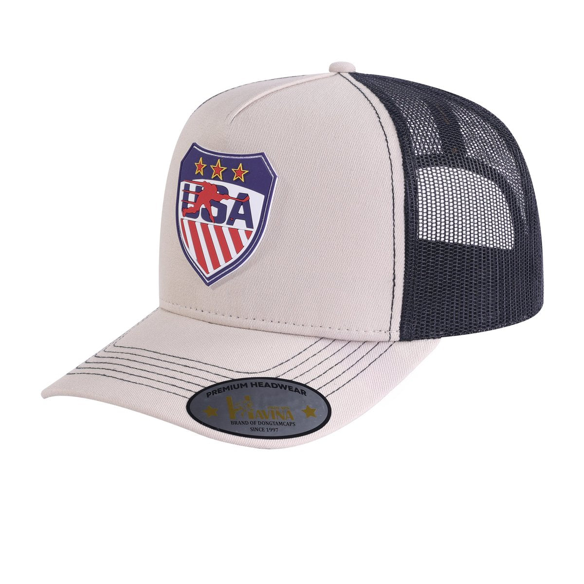 Unisex Embroidered US Loving Hockey, 5-Panel Trucker Hat, Beige, Adjustable Fit