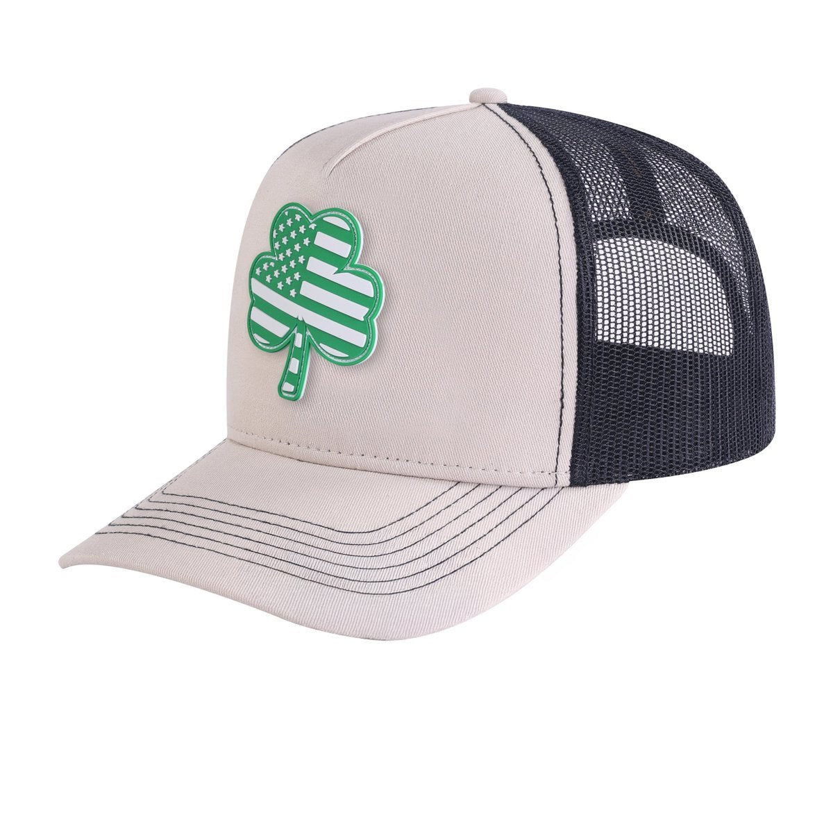 Unisex Embroidered St. Patrick'S Day Four Leaf Shamrock, 5-Panel Trucker Hat, Beige/Black, Adjustable Fit