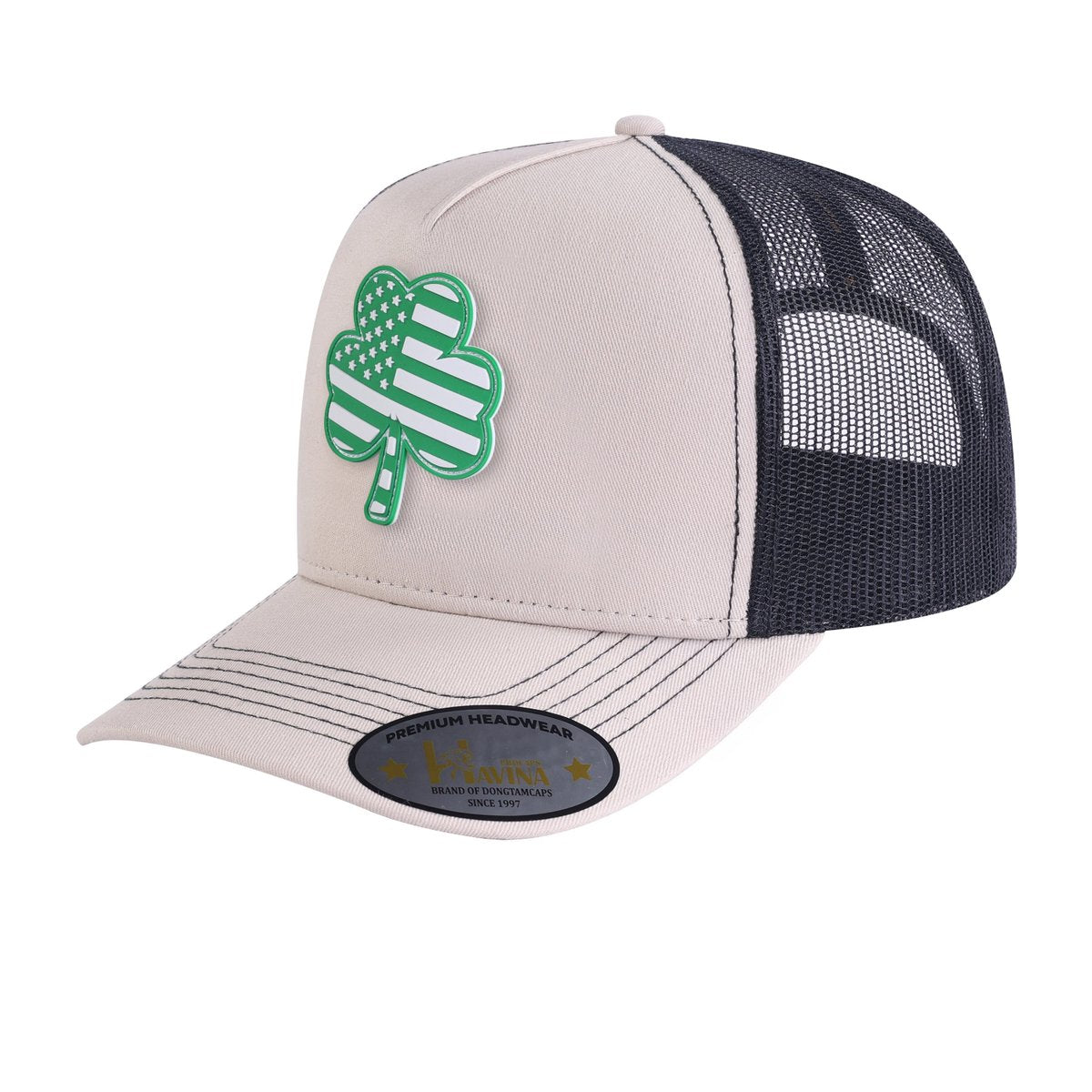 Embroidered St. Patrick'S Day Four Leaf Shamrock - 5 Panel Trucker Hat - Beige/Black