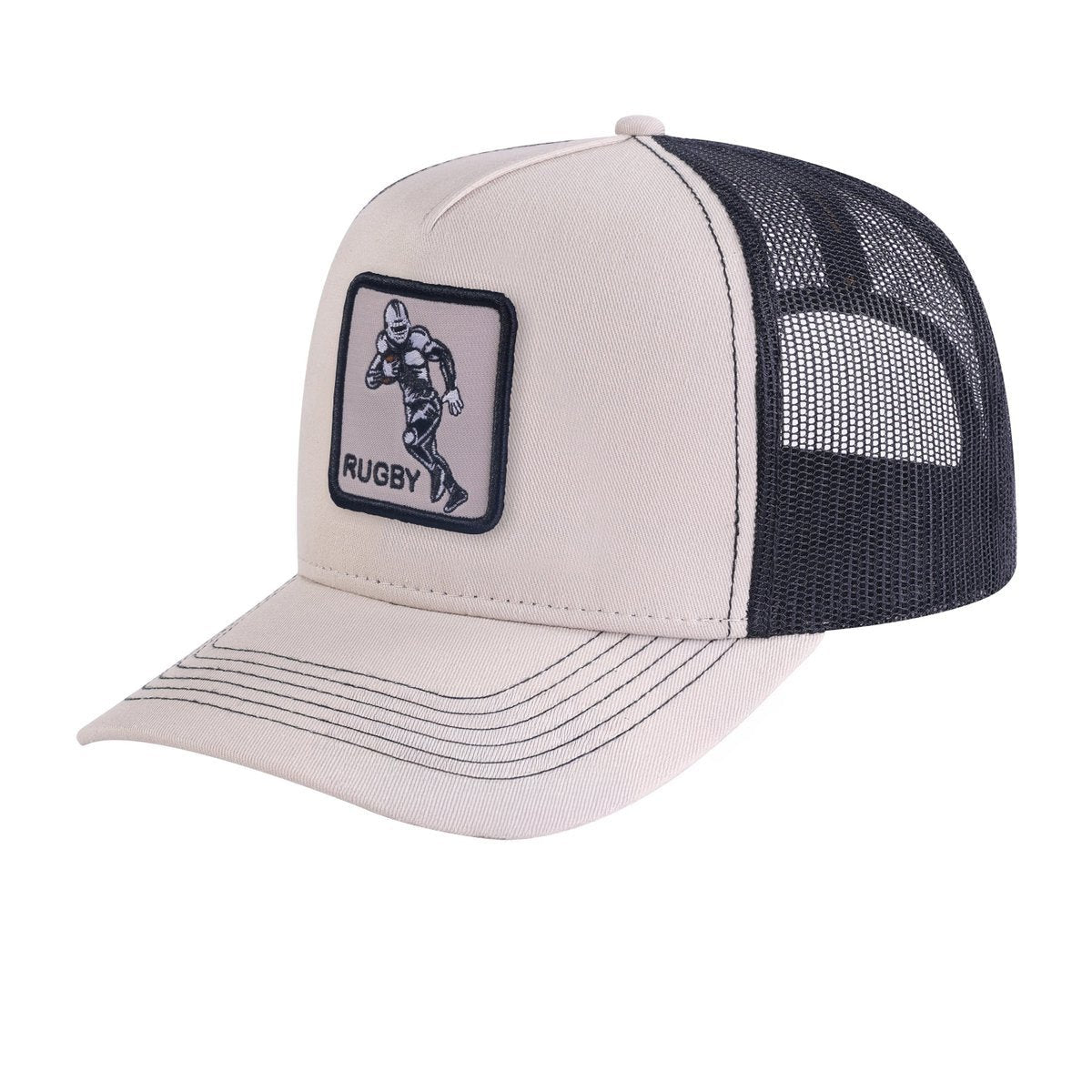Unisex Embroidered Rugby, 5-Panel Trucker Hat, Beige/Black, Adjustable Fit