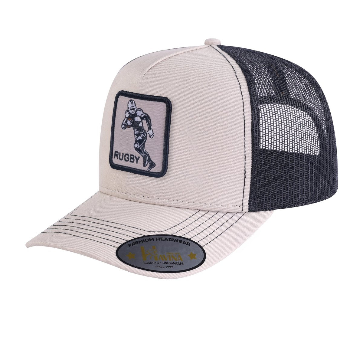 Unisex Embroidered Rugby, 5-Panel Trucker Hat, Beige/Black, Adjustable Fit