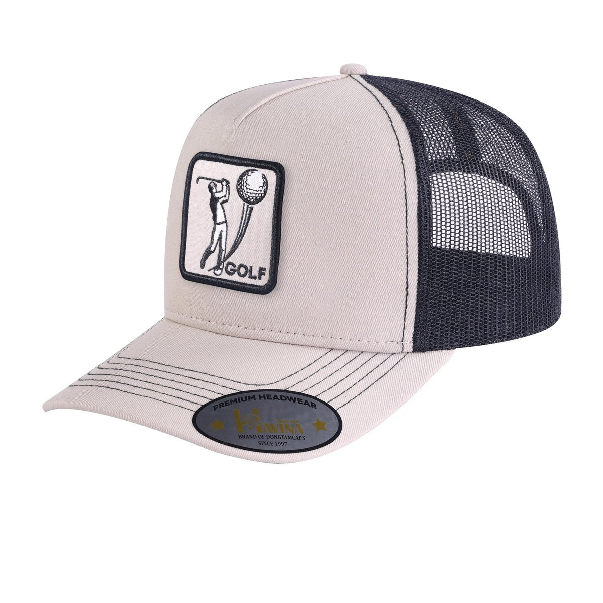 Unisex Embroidered Golf, 5-Panel Trucker Hat, Beige/Black, Adjustable Fit