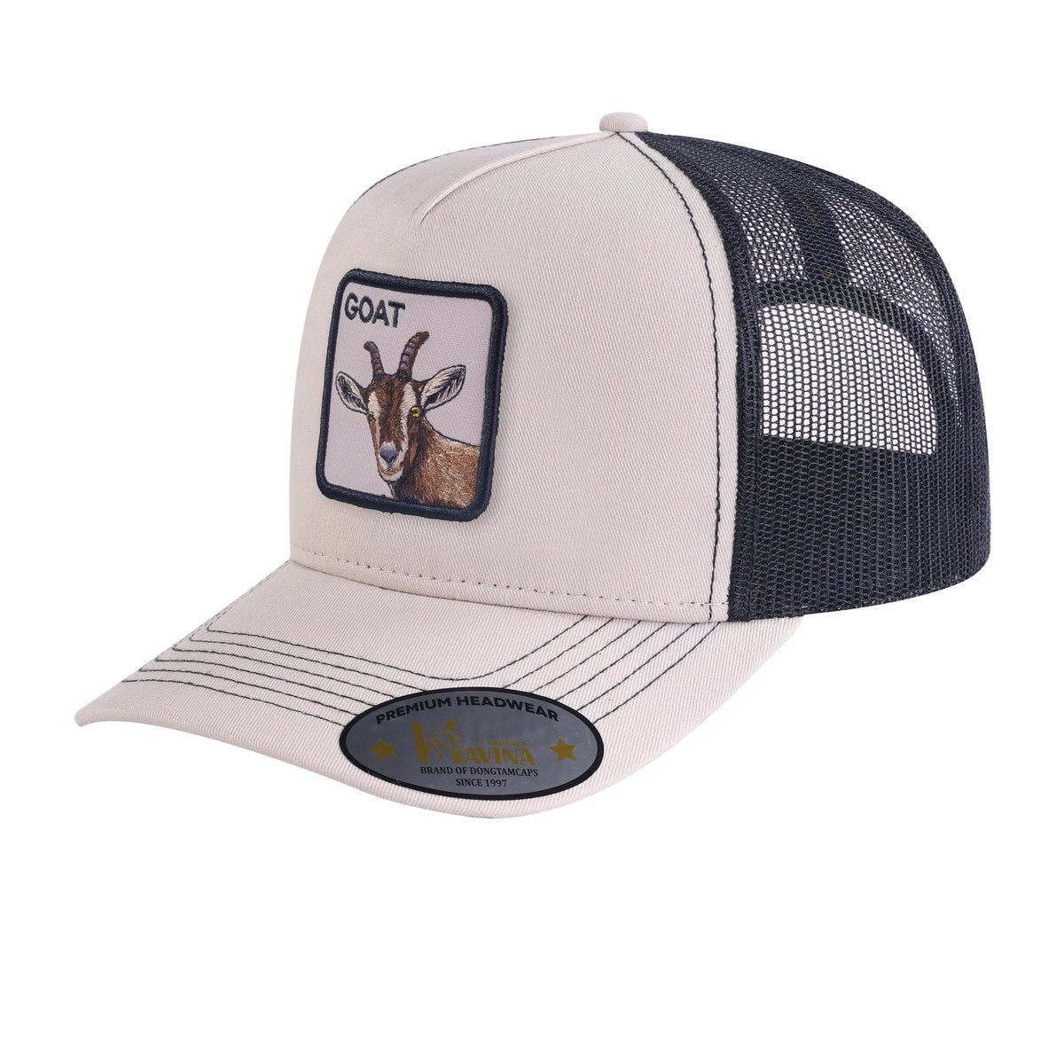 Unisex Embroidered The Goat, 5-Panel Trucker Hat, Beige/Black, Adjustable Fit