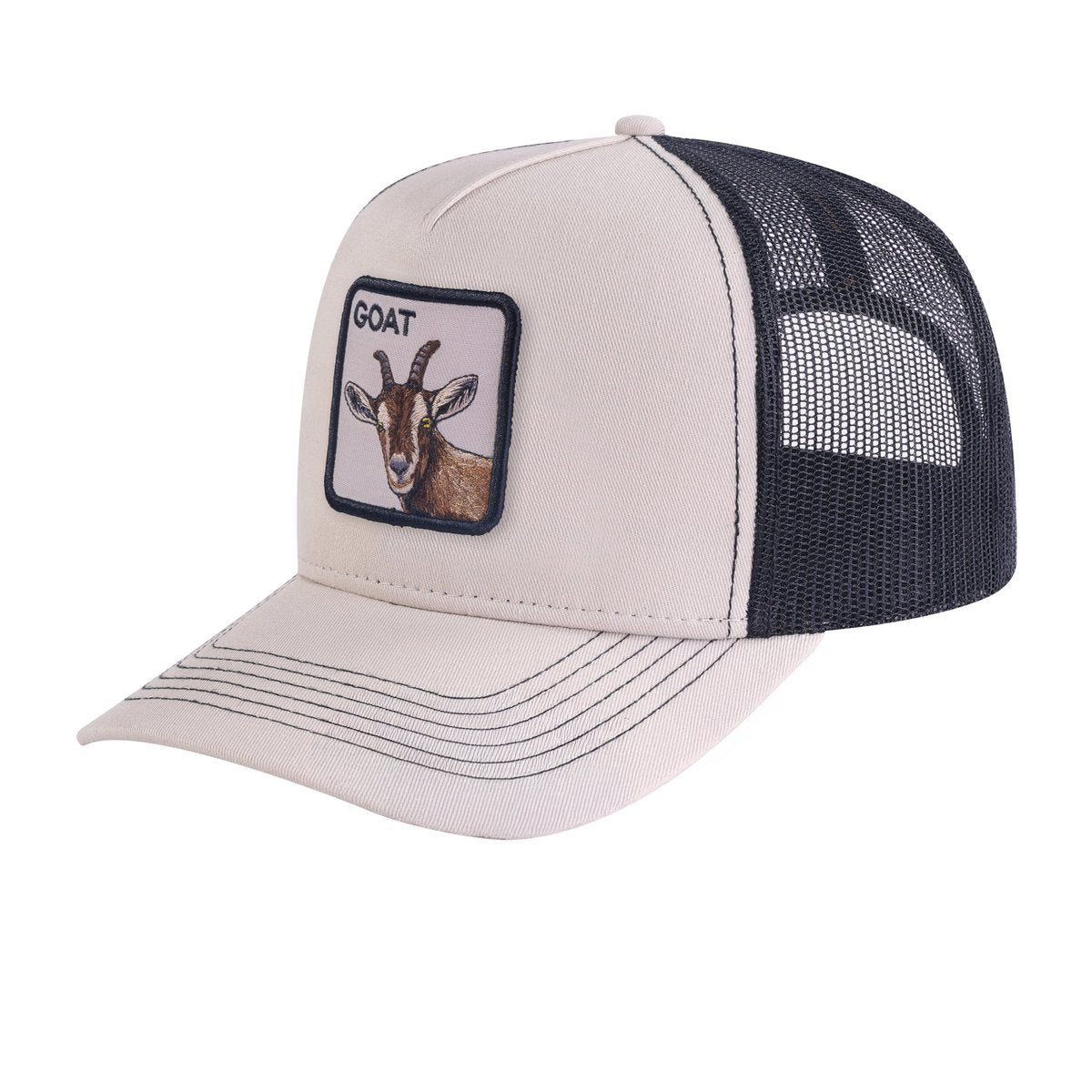 Unisex Embroidered The Goat, 5-Panel Trucker Hat, Beige/Black, Adjustable Fit