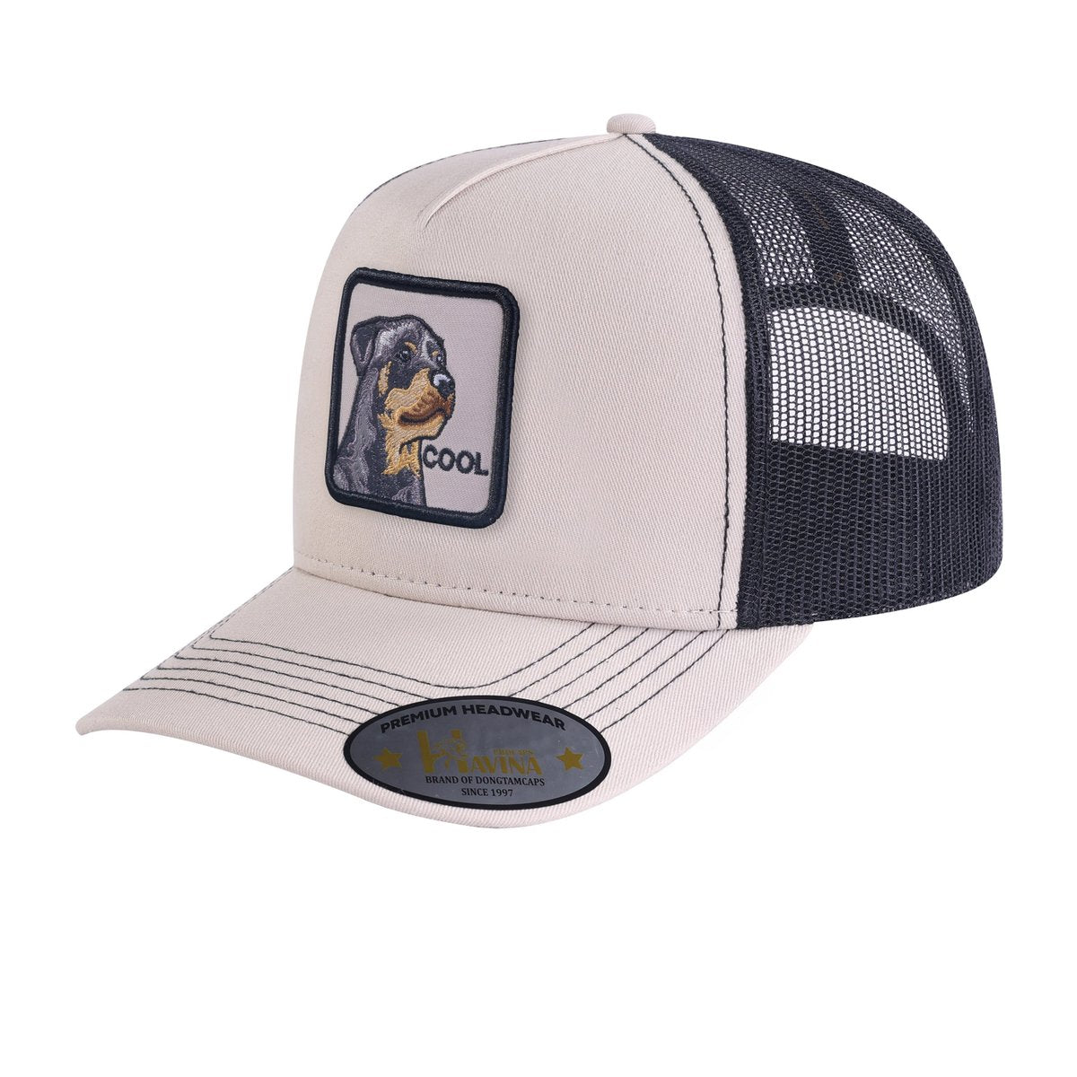 Unisex Embroidered The Cool Dog, 5-Panel Trucker Hat, Beige/Black, Adjustable Fit
