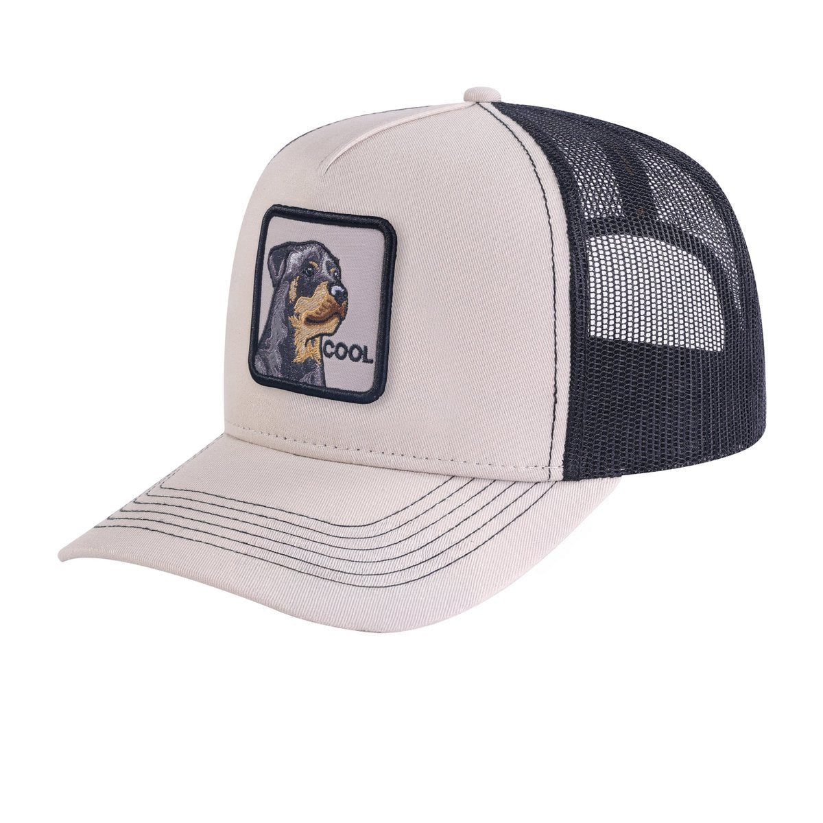 Unisex Embroidered The Cool Dog, 5-Panel Trucker Hat, Beige/Black, Adjustable Fit