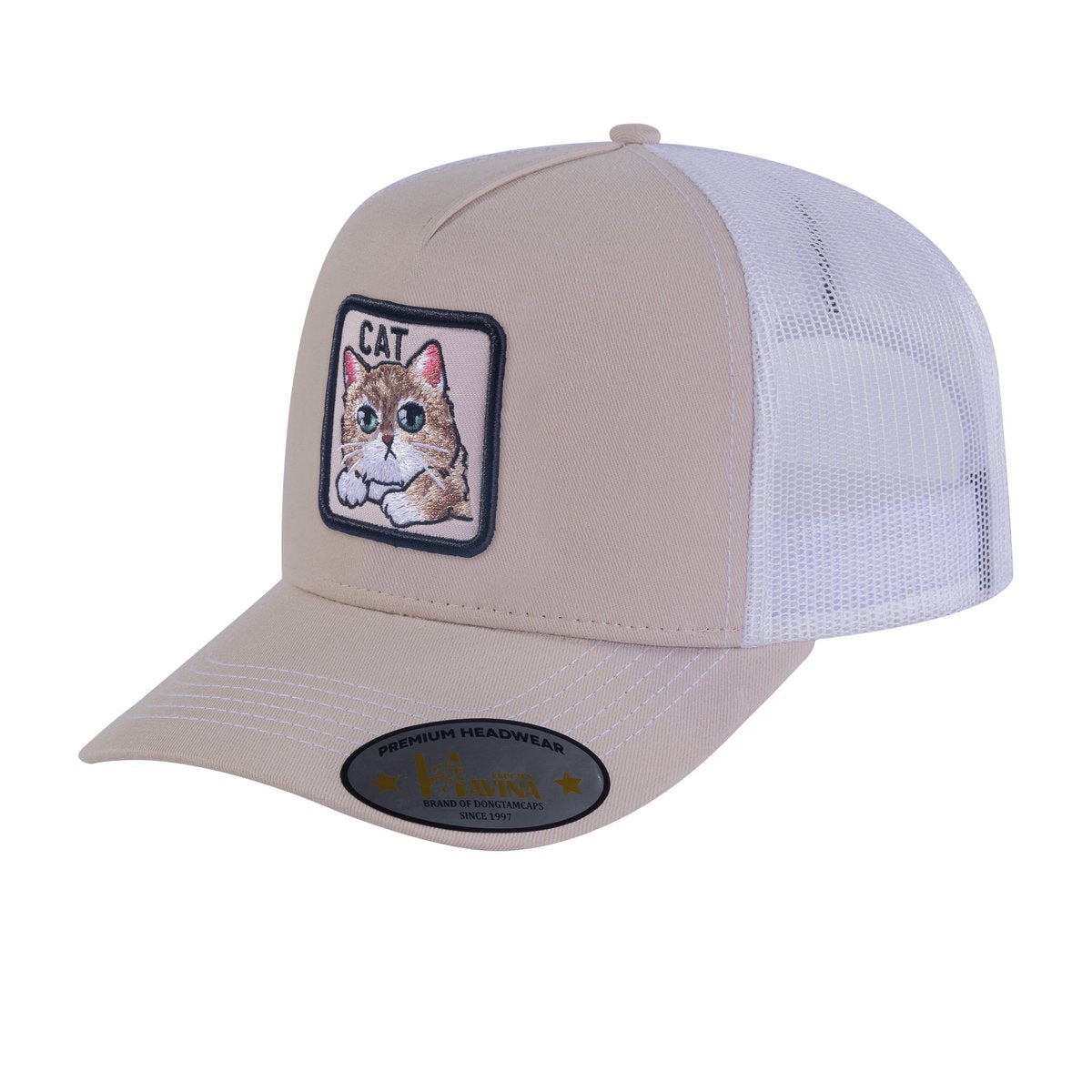 Unisex Embroidered The Cat, 5-Panel Trucker Hat, Beige/White, Adjustable Fit