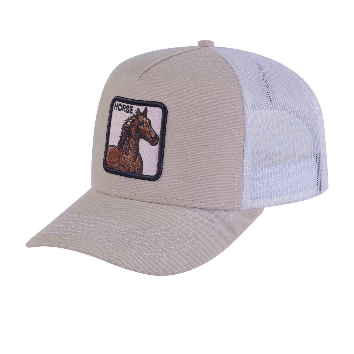 Unisex Embroidered The Horse, 5-Panel Trucker Hat, Beige/White, Adjustable Fit