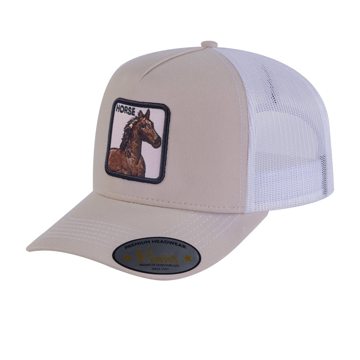 Unisex Embroidered The Horse, 5-Panel Trucker Hat, Beige/White, Adjustable Fit