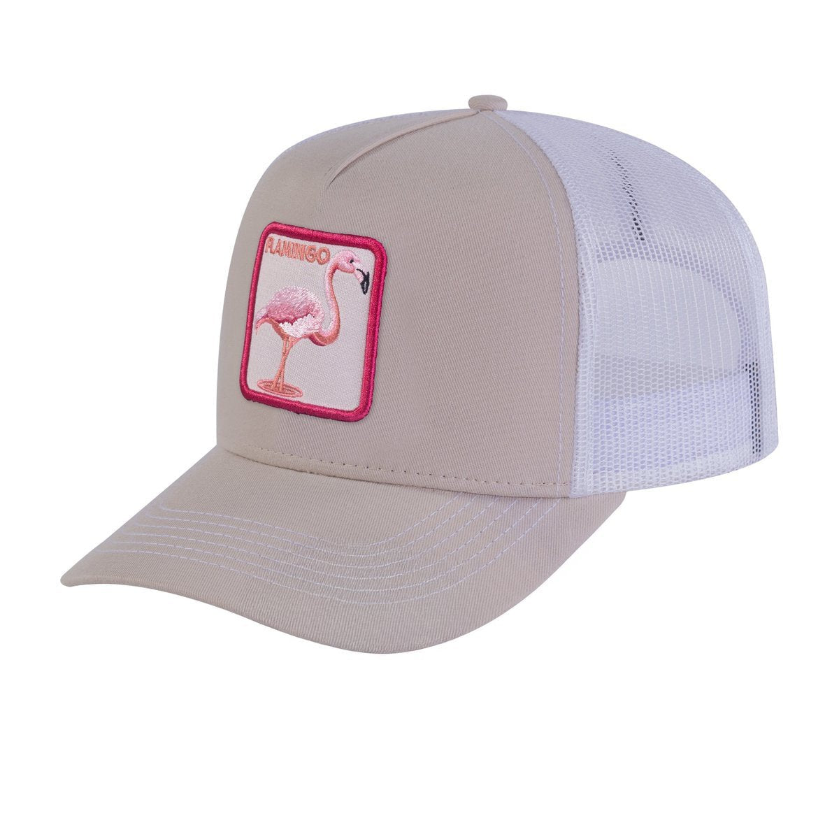 Unisex Embroidered The Flamingo, 5-Panel Trucker Hat, Beige/White, Adjustable Fit