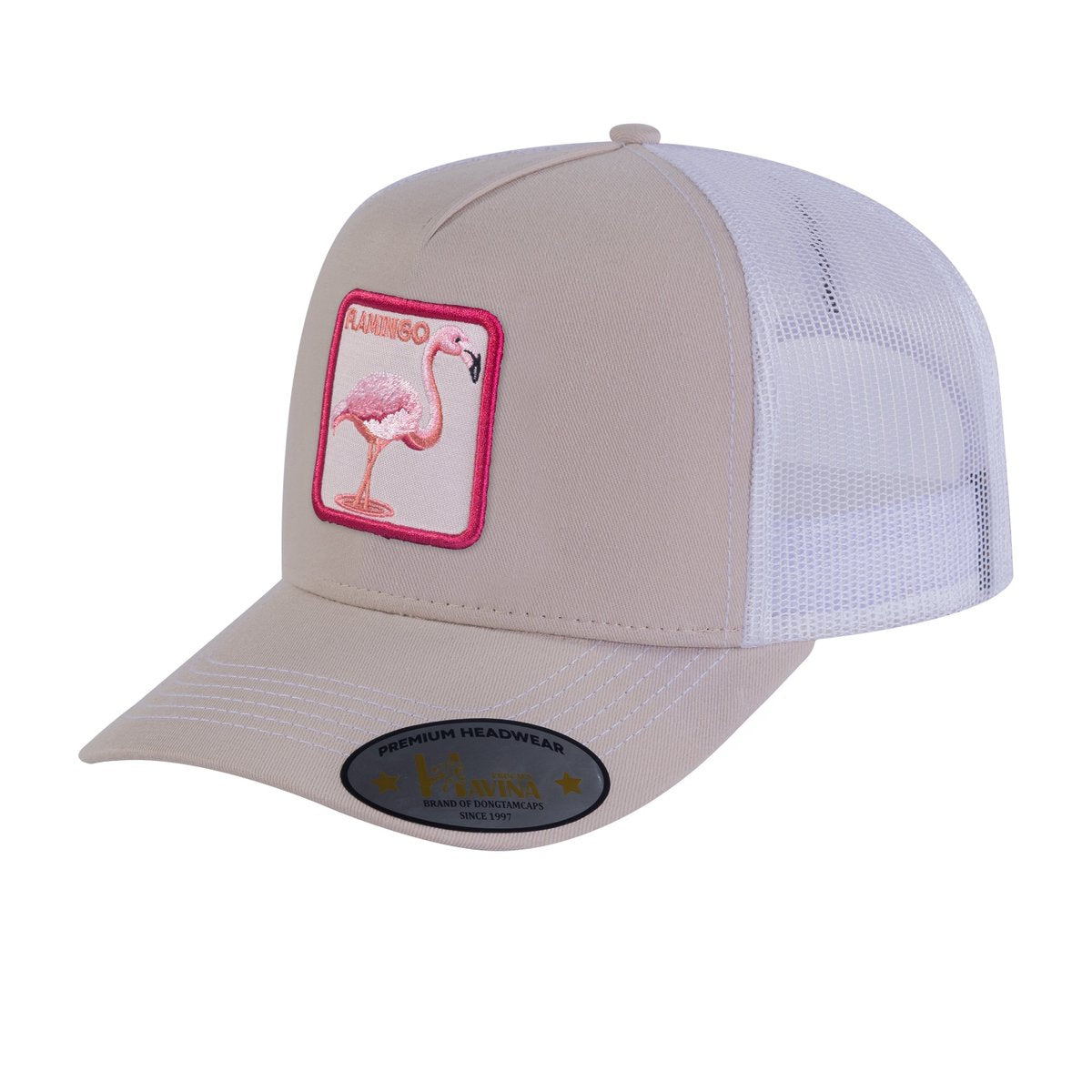 Unisex Embroidered The Flamingo, 5-Panel Trucker Hat, Beige/White, Adjustable Fit
