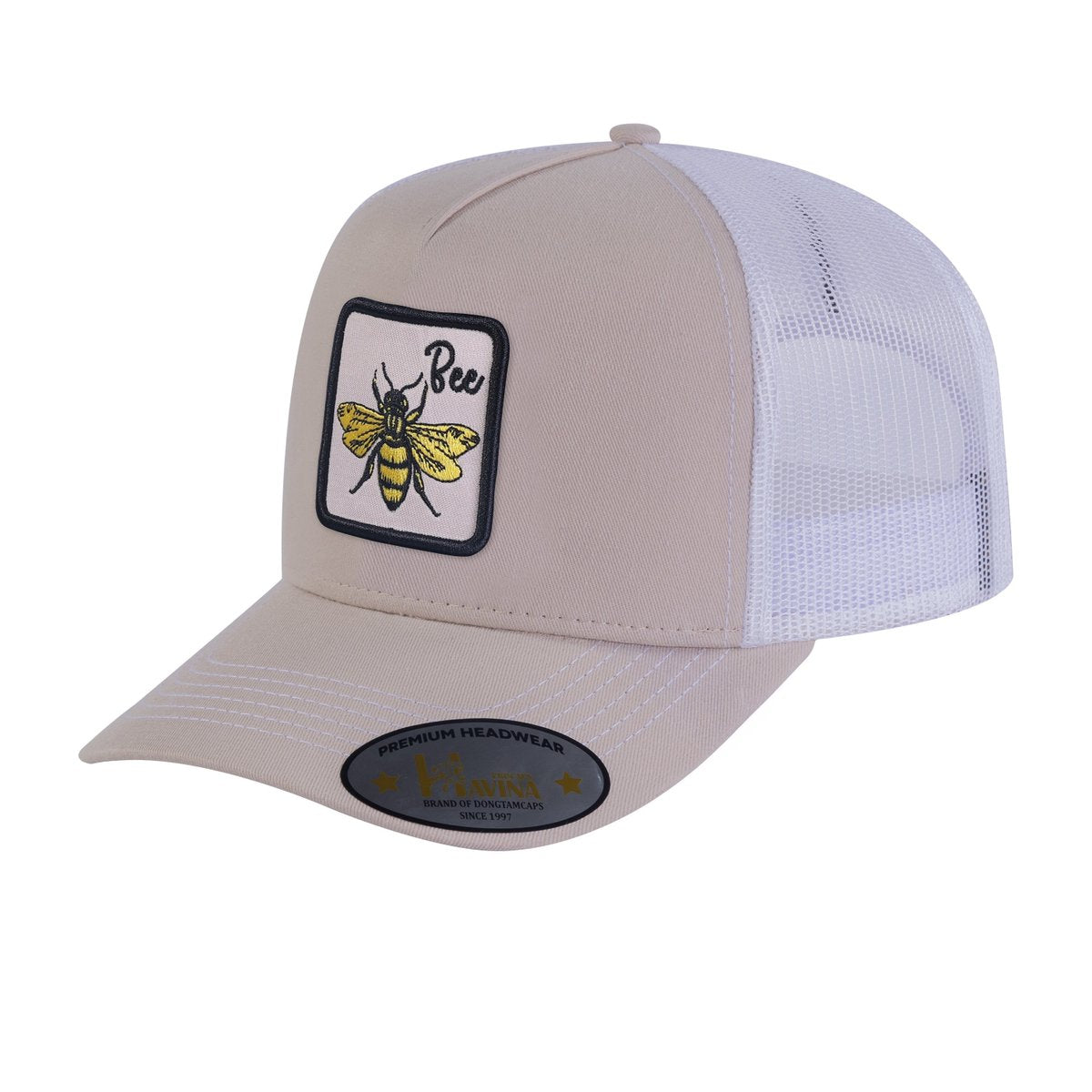 Unisex Embroidered The Bee, 5-Panel Trucker Hat, Beige/White, Adjustable Fit