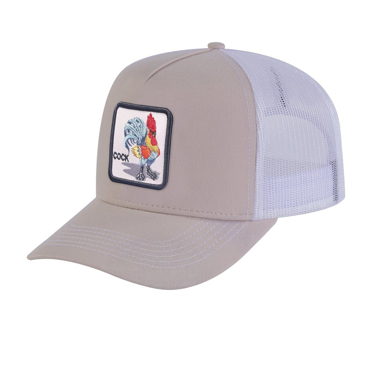 Unisex Embroidered The Chicken, 5-Panel Trucker Hat, Beige/White, Adjustable Fit