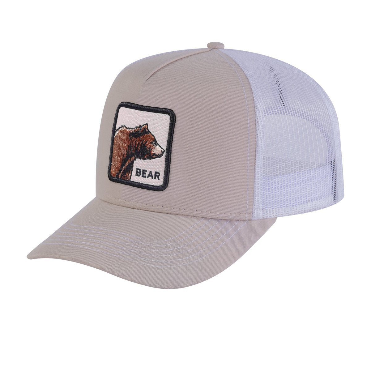Unisex Embroidered The Bear, 5-Panel Trucker Hat, Beige/White, Adjustable Fit