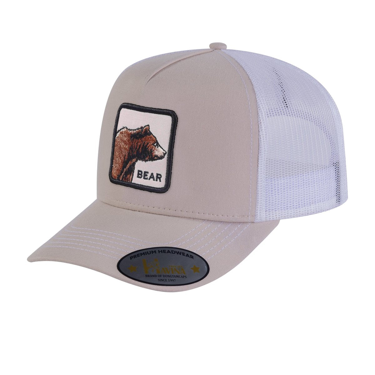 Unisex Embroidered The Bear, 5-Panel Trucker Hat, Beige/White, Adjustable Fit