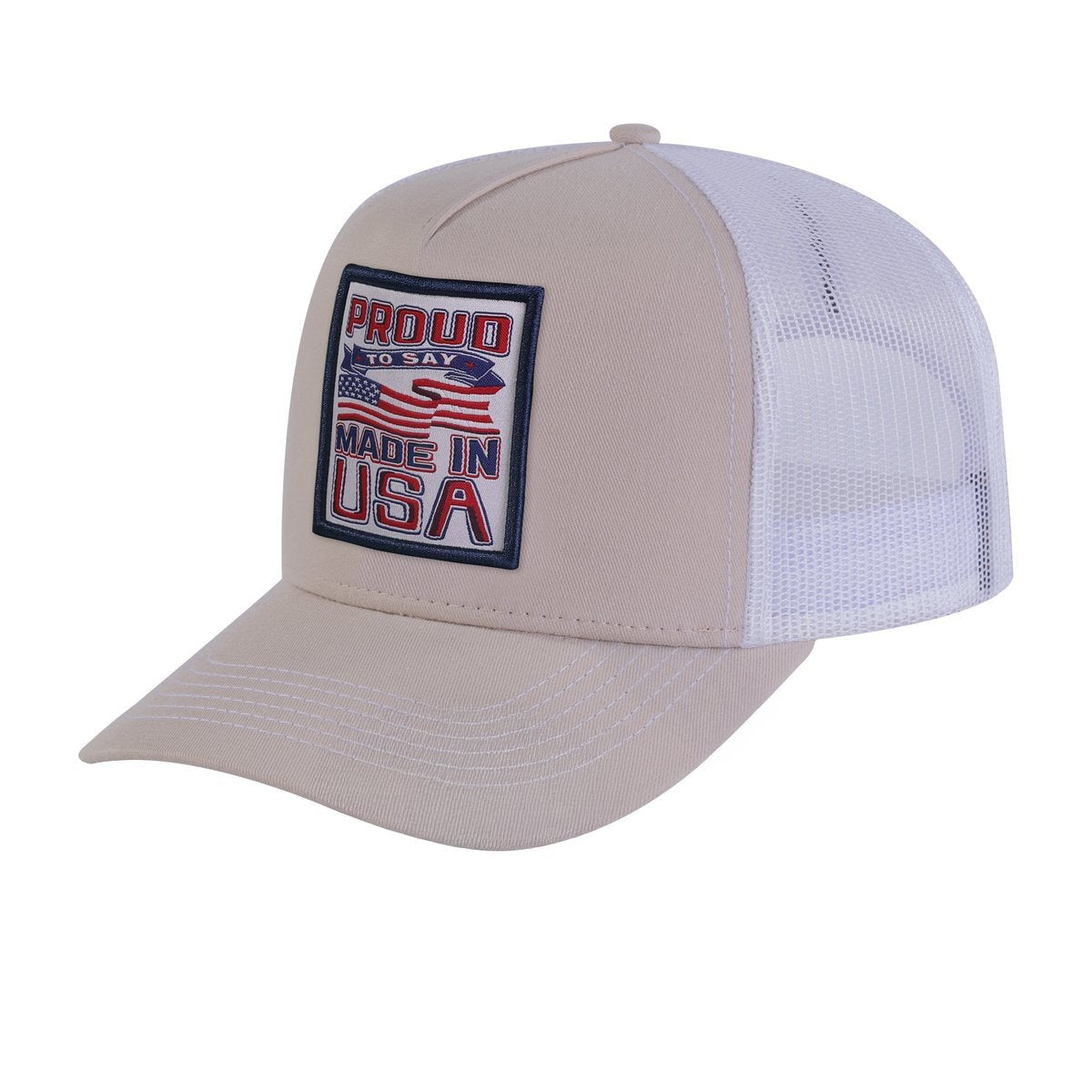 Unisex Embroidered Proud To Say Made In Usa, 5-Panel Trucker Hat, Beige/White, Adjustable Fit