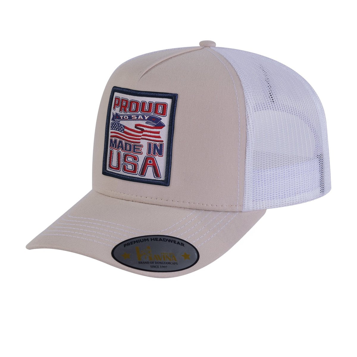 Unisex Embroidered Proud To Say Made In US, 5-Panel Trucker Hat, Beige/White, Adjustable Fit