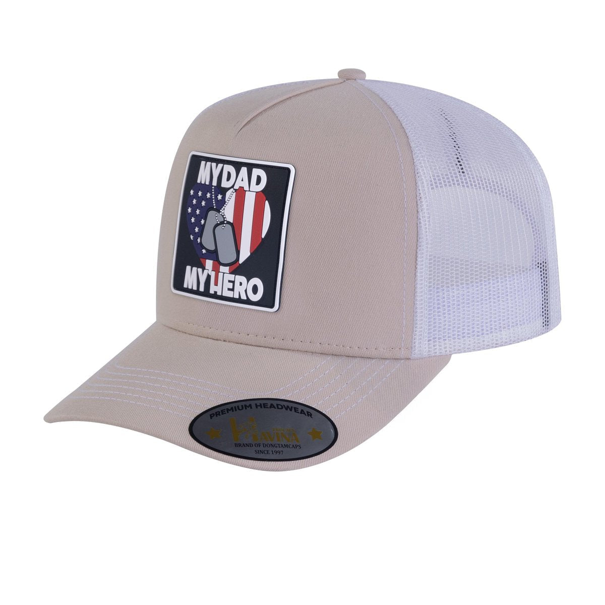 Embroidered My Dad My Hero - 5 Panel Trucker Hat - Beige/White