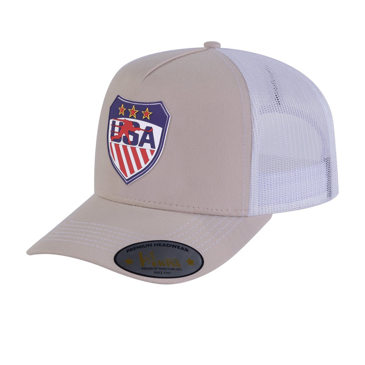 Unisex Embroidered US Loving Hockey, 5-Panel Trucker Hat, Beige/White, Adjustable Fit