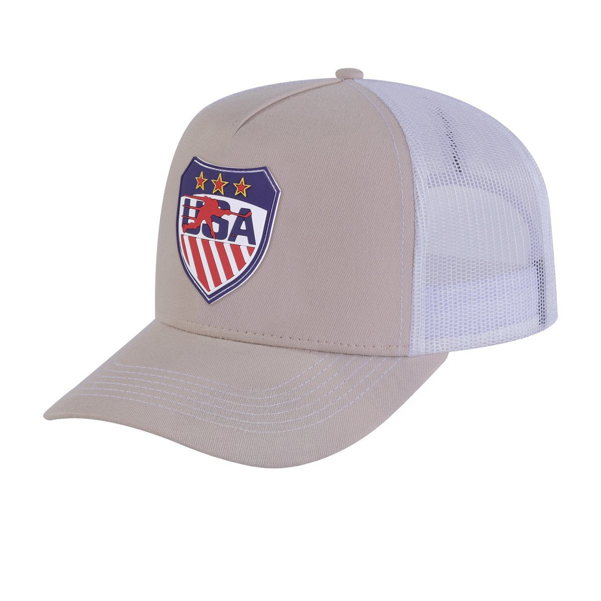 Unisex Embroidered Loving Hockey, 5-Panel Trucker Hat, Beige/White, Adjustable Fit