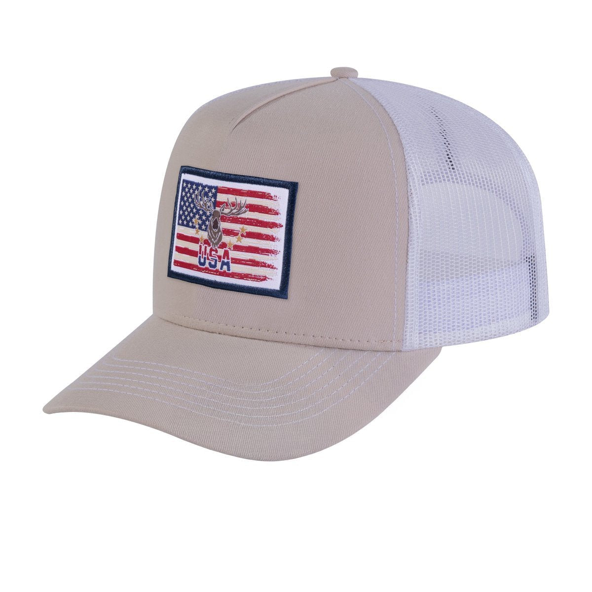 Unisex Embroidered Usa Deer Hunter, 5-Panel Trucker Hat, Beige/White, Adjustable Fit