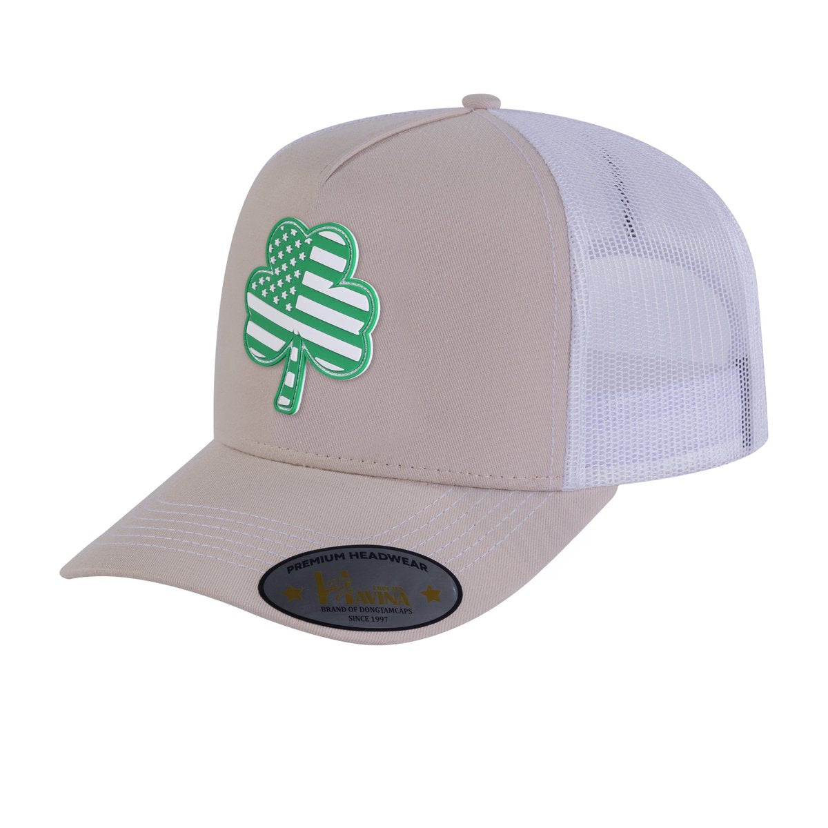Embroidered St. Patrick'S Day Four Leaf Shamrock - 5 Panel Trucker Hat - Beige/White