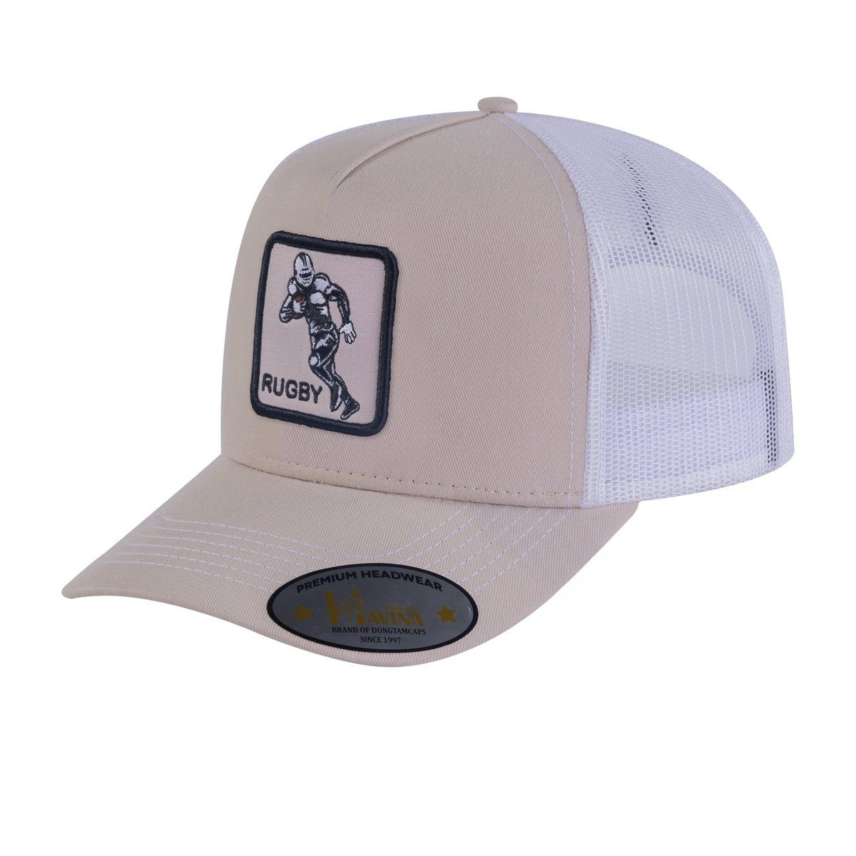 Unisex Embroidered Rugby/Football, 5-Panel Trucker Hat, Beige/White, Adjustable Fit