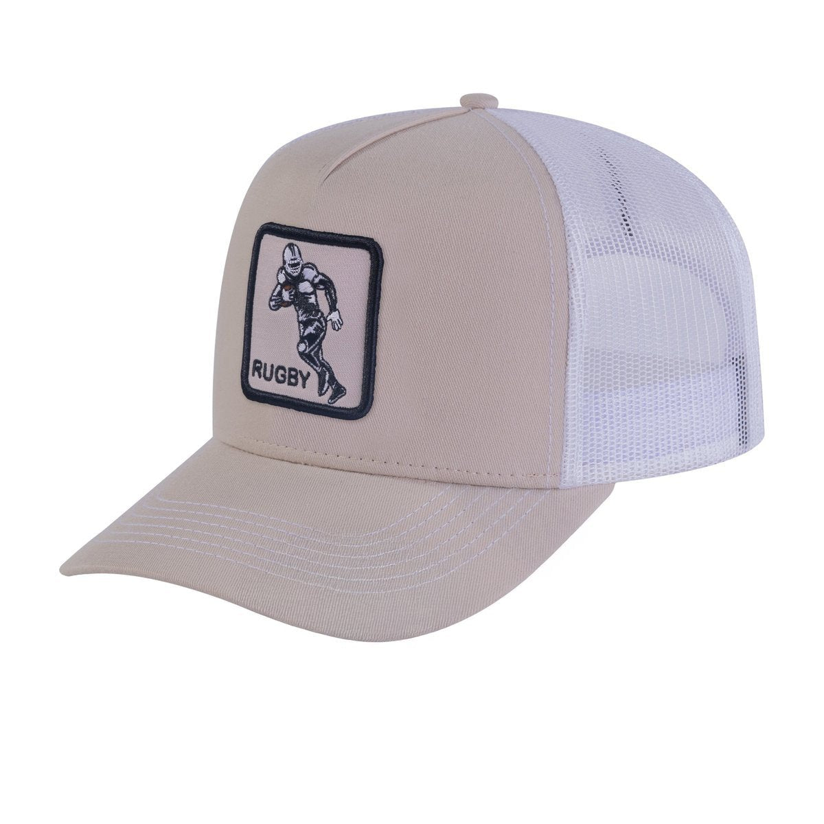 Unisex Embroidered Rugby/Football, 5-Panel Trucker Hat, Beige/White, Adjustable Fit