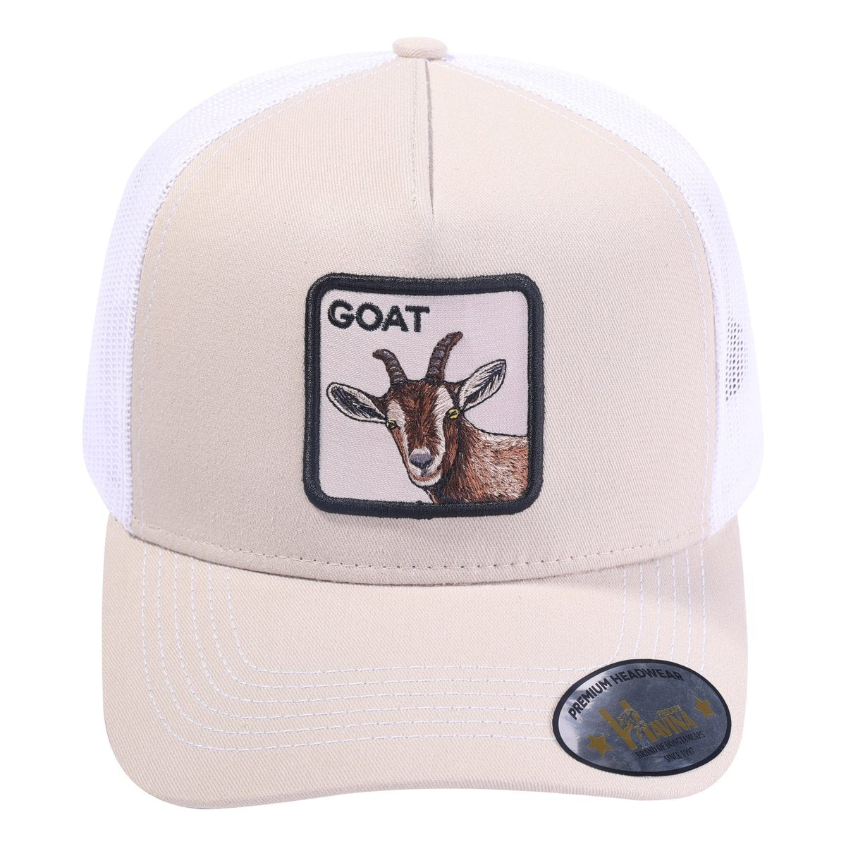 Unisex Embroidered The Goat, 5-Panel Trucker Hat, Beige, Beige 1204-W, Adjustable Fit