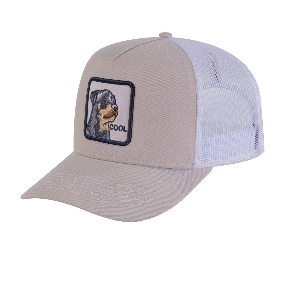 Unisex Embroidered The Cool Dog, 5-Panel Trucker Hat, Beige/White, Adjustable Fit