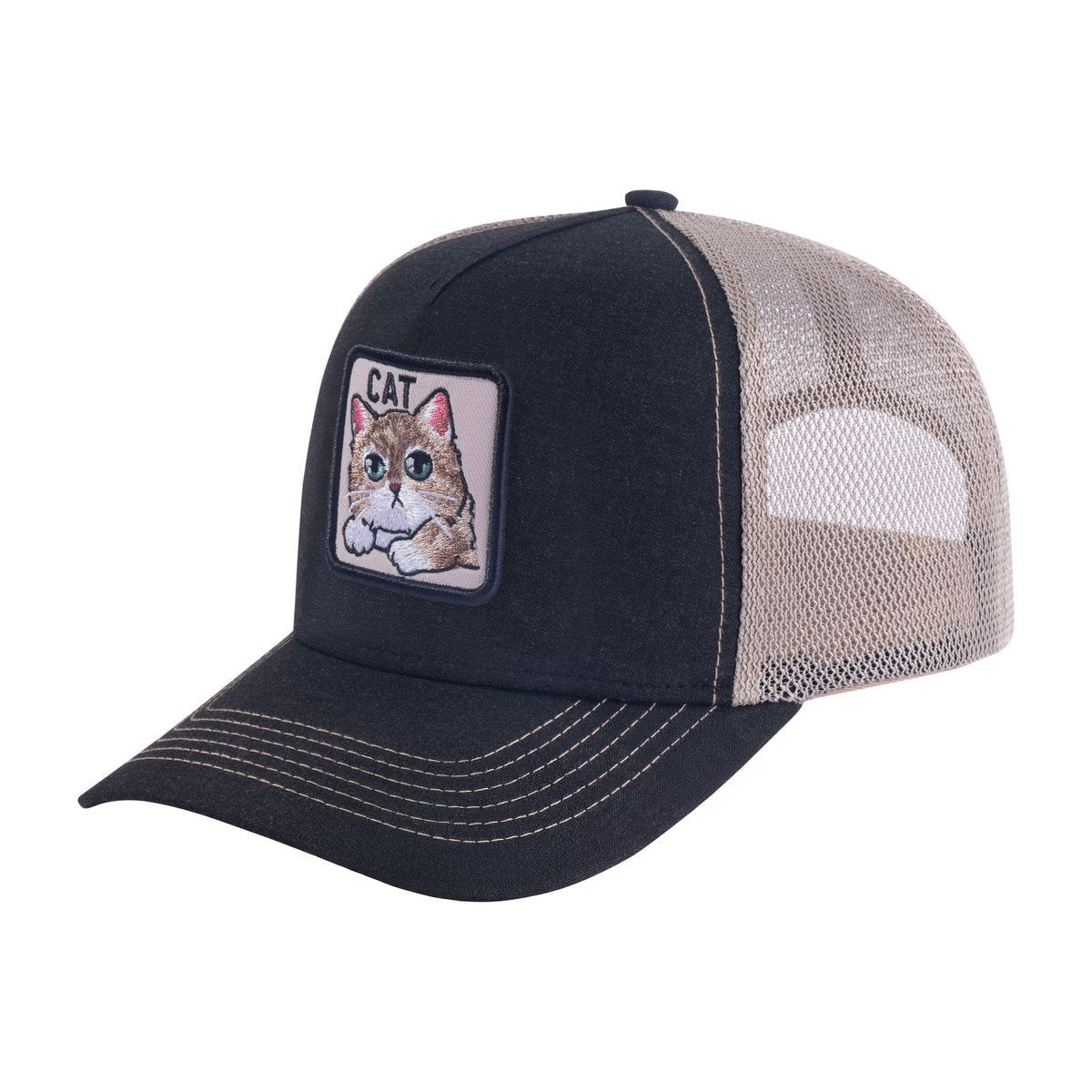 Unisex Embroidered The Cat, 5-Panel Trucker Hat, Black/Light Grey, Adjustable Fit