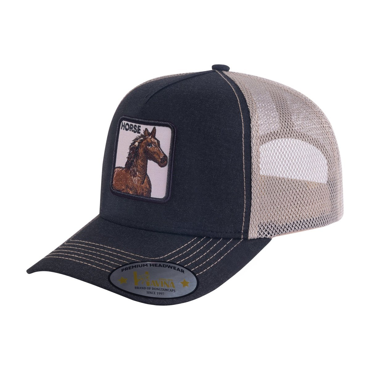 Unisex Embroidered The Horse, 5-Panel Trucker Hat, Black/Light Grey, Adjustable Fit