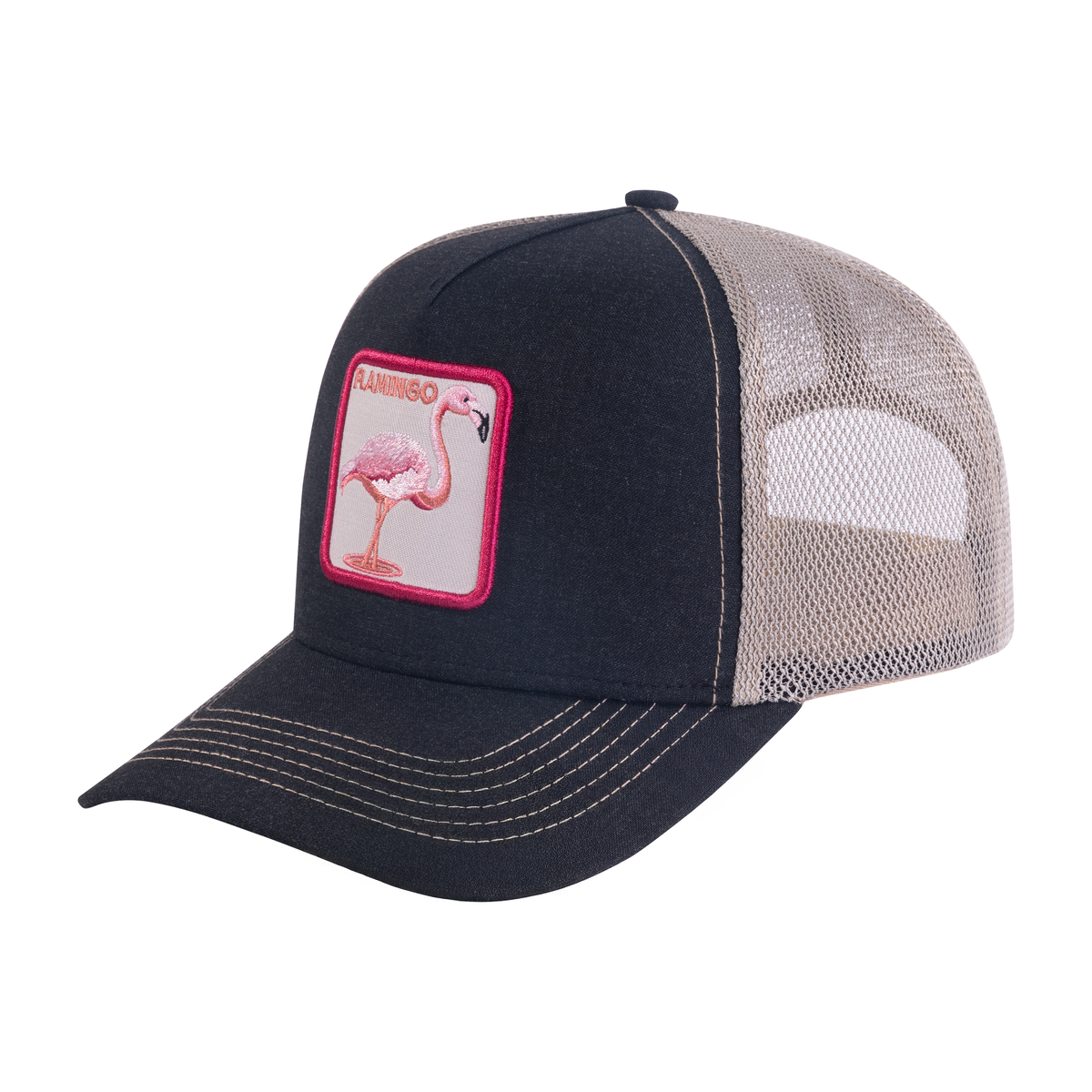 Unisex Embroidered The Flamingo, 5-Panel Trucker Hat, Black/Light Grey, Adjustable Fit