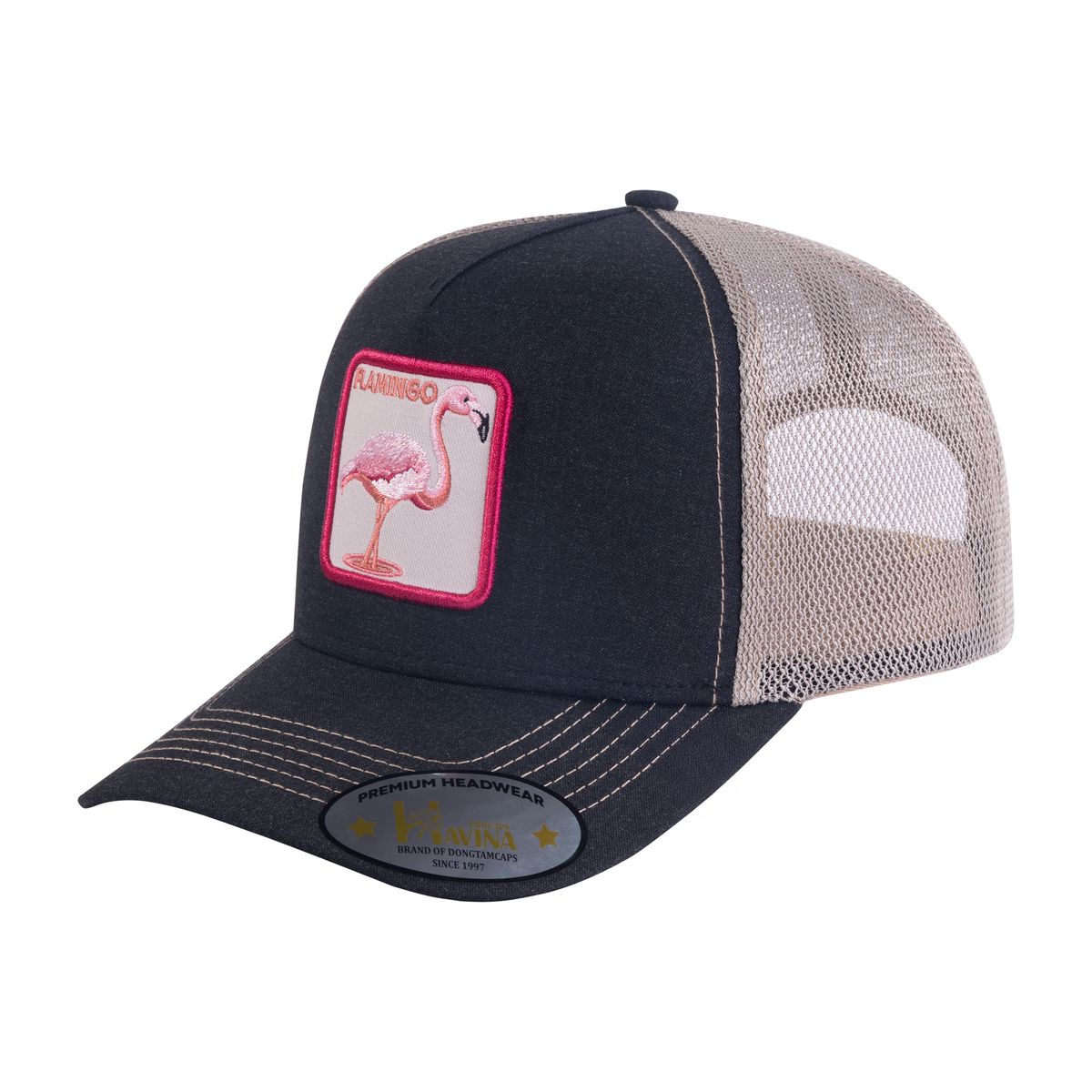 Unisex Embroidered The Flamingo, 5-Panel Trucker Hat, Black/Light Grey, Adjustable Fit