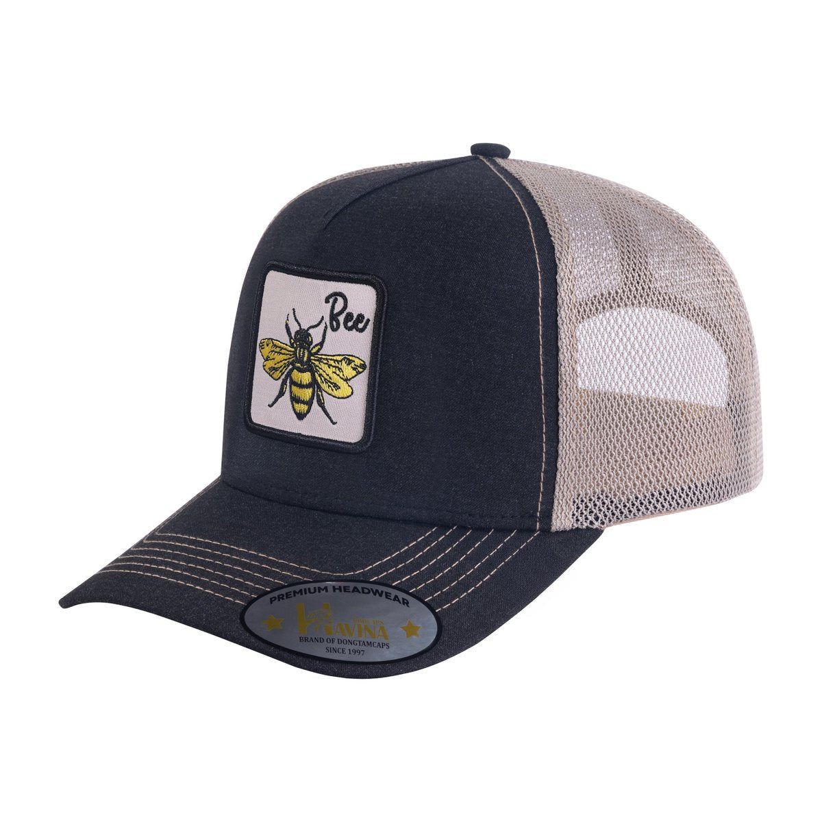 Unisex Embroidered The Bee, 5-Panel Trucker Hat, Black/Khaki, Adjustable Fit