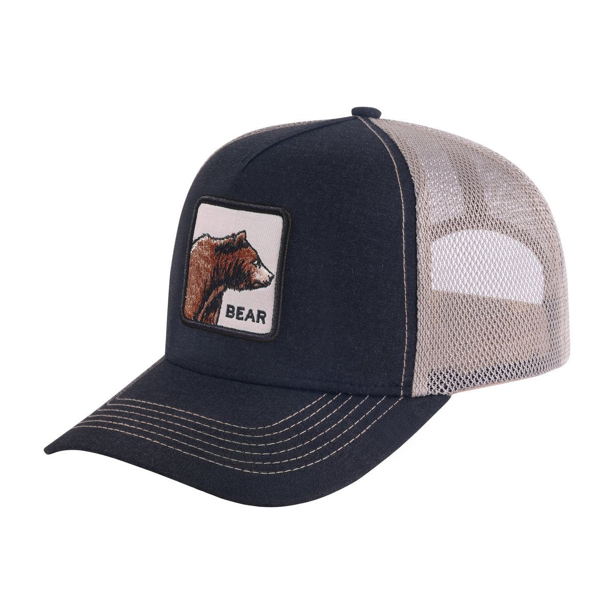 Unisex Embroidered The Bear, 5-Panel Trucker Hat, Black/Khaki, Adjustable Fit
