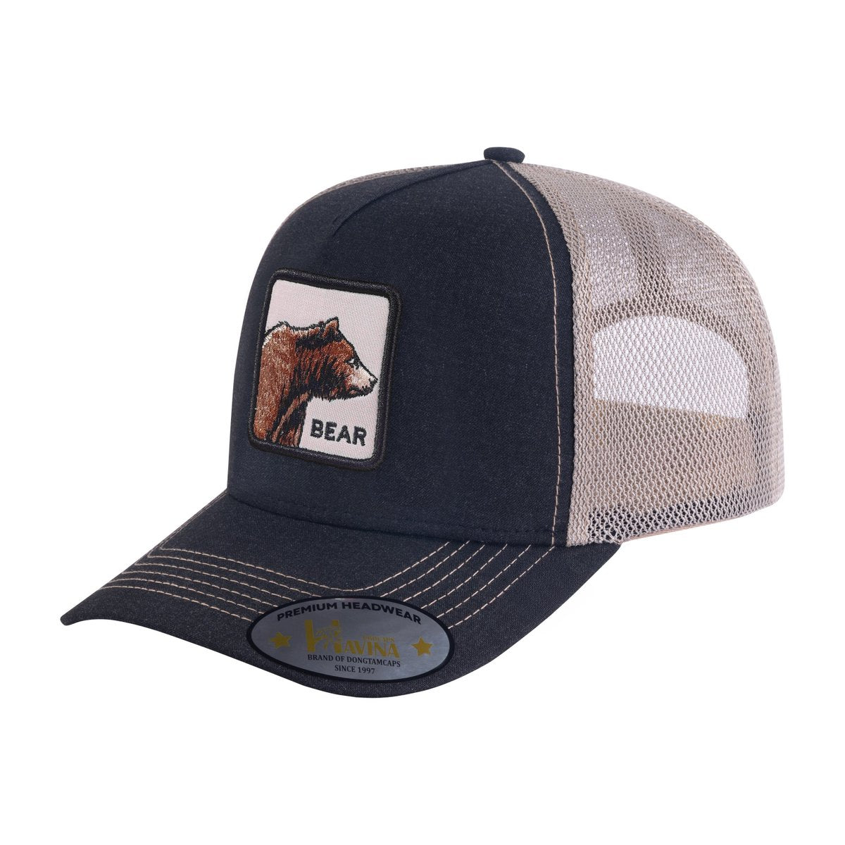 Unisex Embroidered The Bear, 5-Panel Trucker Hat, Black/Khaki, Adjustable Fit