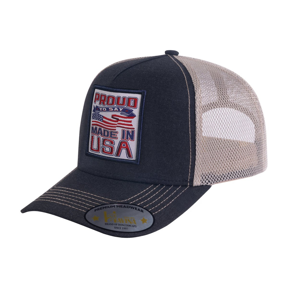 Embroidered Proud To Say Made In Usa - 5 Panel Trucker Hat - Black/Khaki