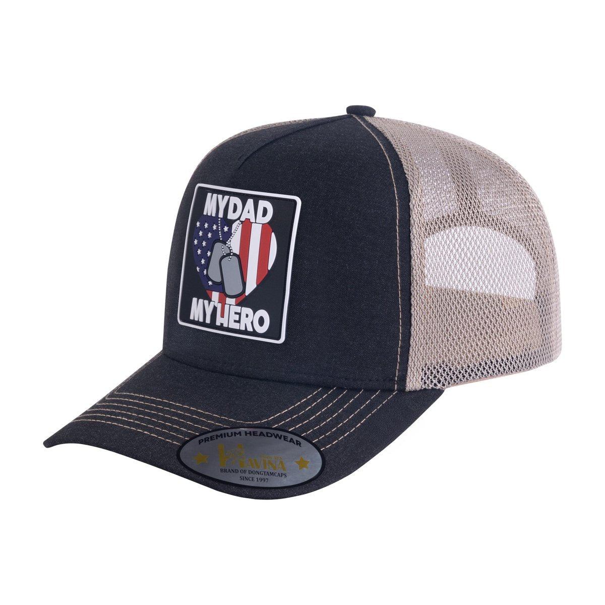 Embroidered My Dad My Hero - 5 Panel Trucker Hat - Black/Khaki