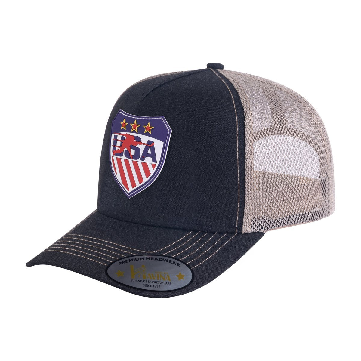 Unisex Embroidered US Loving Hockey, 5-Panel Trucker Hat, Black/Light Grey, Adjustable Fit
