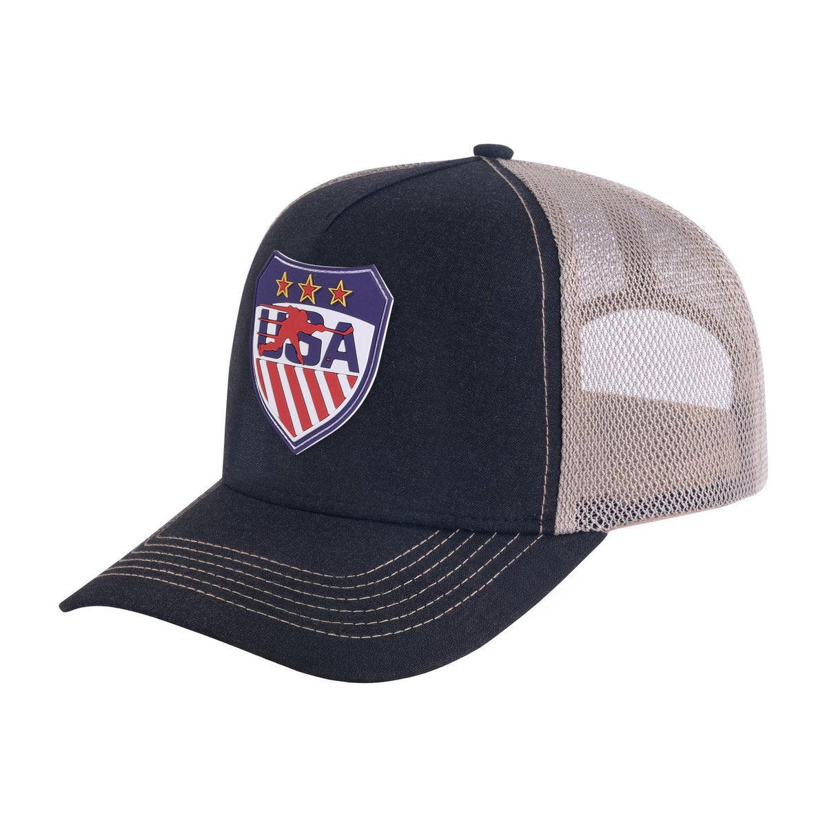 Unisex Embroidered Loving Hockey, 5-Panel Trucker Hat, Black/Khaki, Adjustable Fit