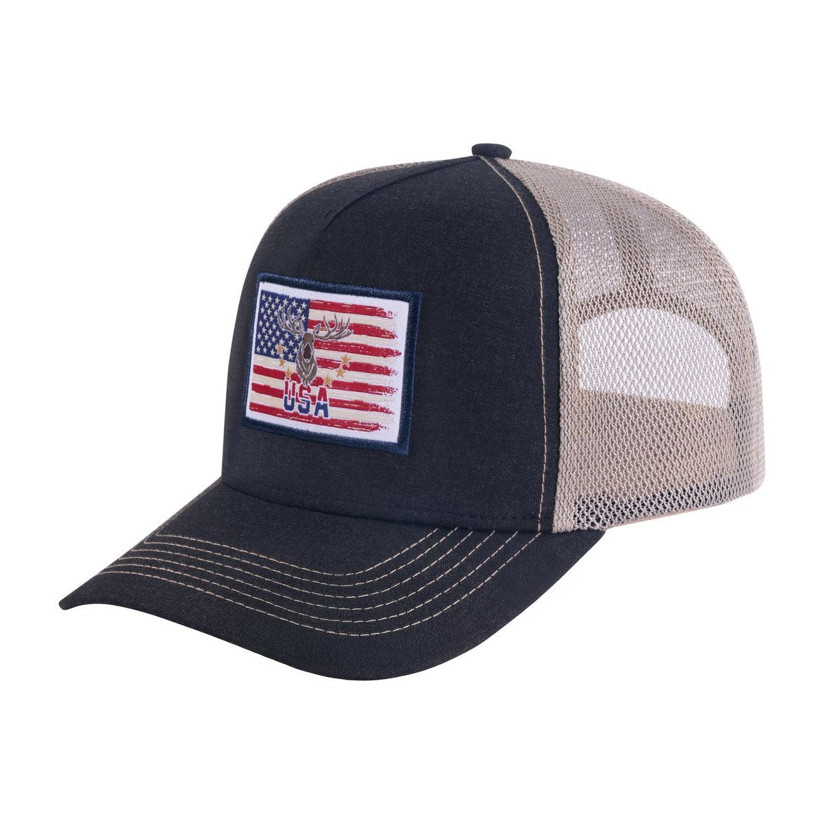 Unisex Embroidered US Deer Hunter, 5-Panel Trucker Hat, Black/Khaki, Adjustable Fit