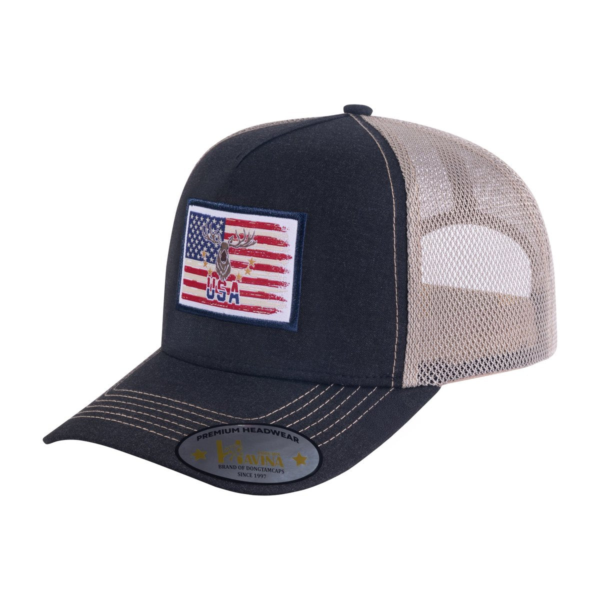 Embroidered Usa Deer Hunter - 5 Panel Trucker Hat - Black/Khaki