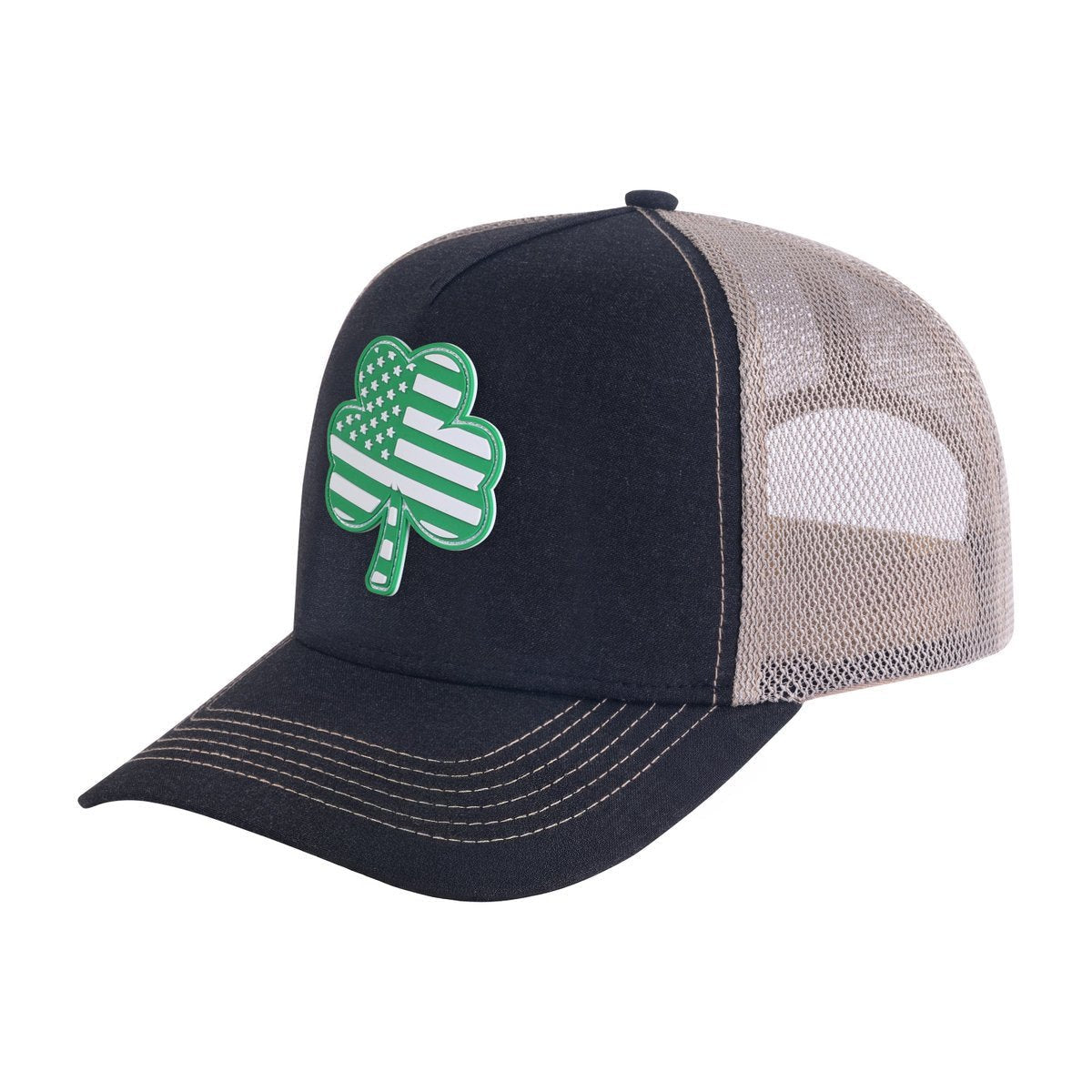Unisex Embroidered St. Patrick'S Day Four Leaf Shamrock, 5-Panel Trucker Hat, Black/Khaki, Adjustable Fit