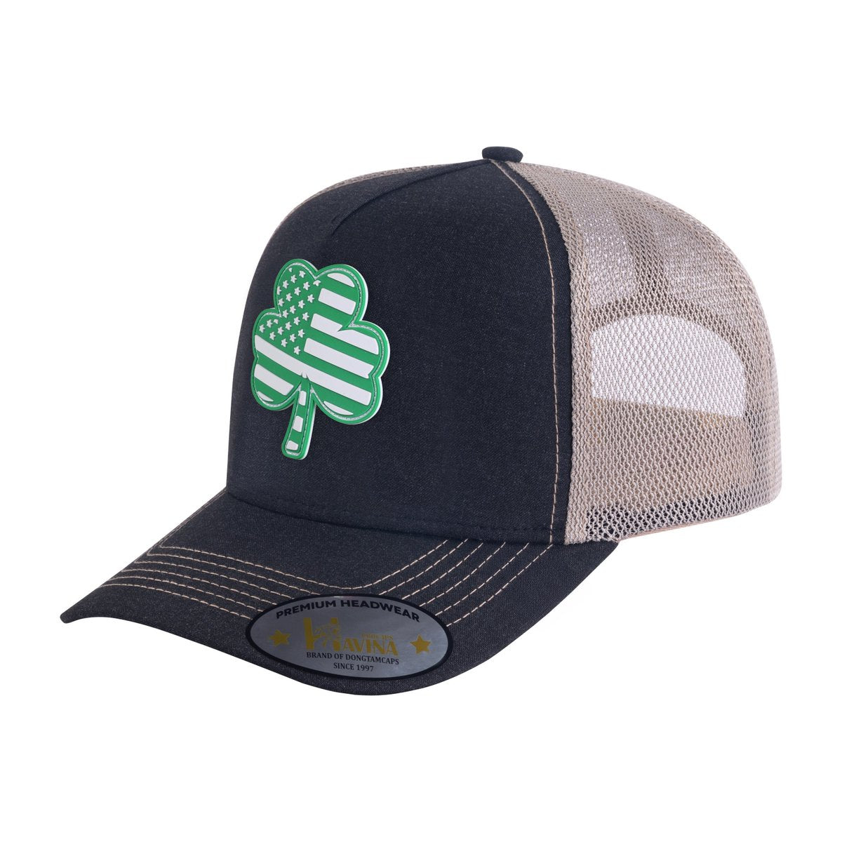 Embroidered St. Patrick'S Day Four Leaf Shamrock - 5 Panel Trucker Hat - Black/Khaki