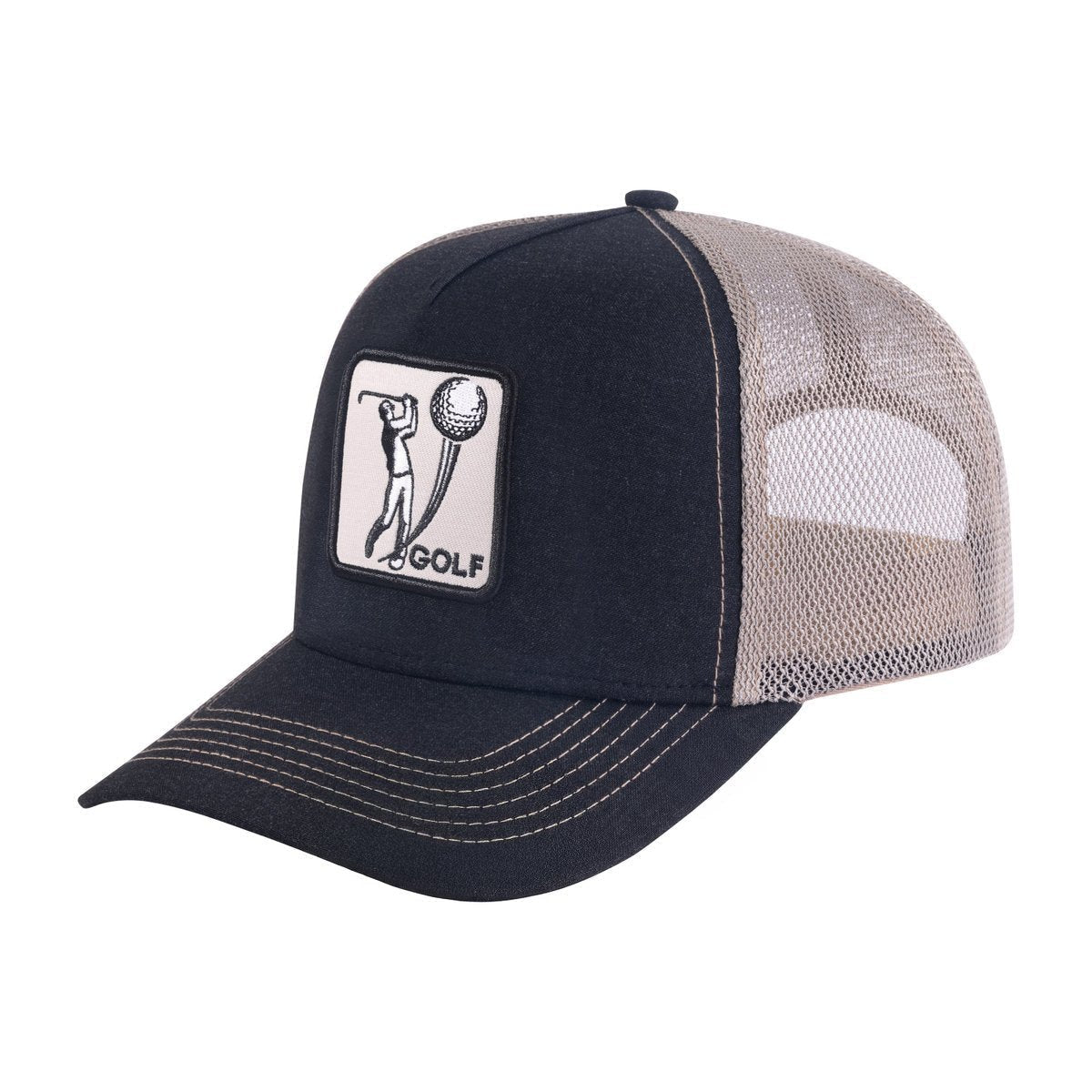 Unisex Embroidered Golf, 5-Panel Trucker Hat, Black/Light Grey, Adjustable Fit