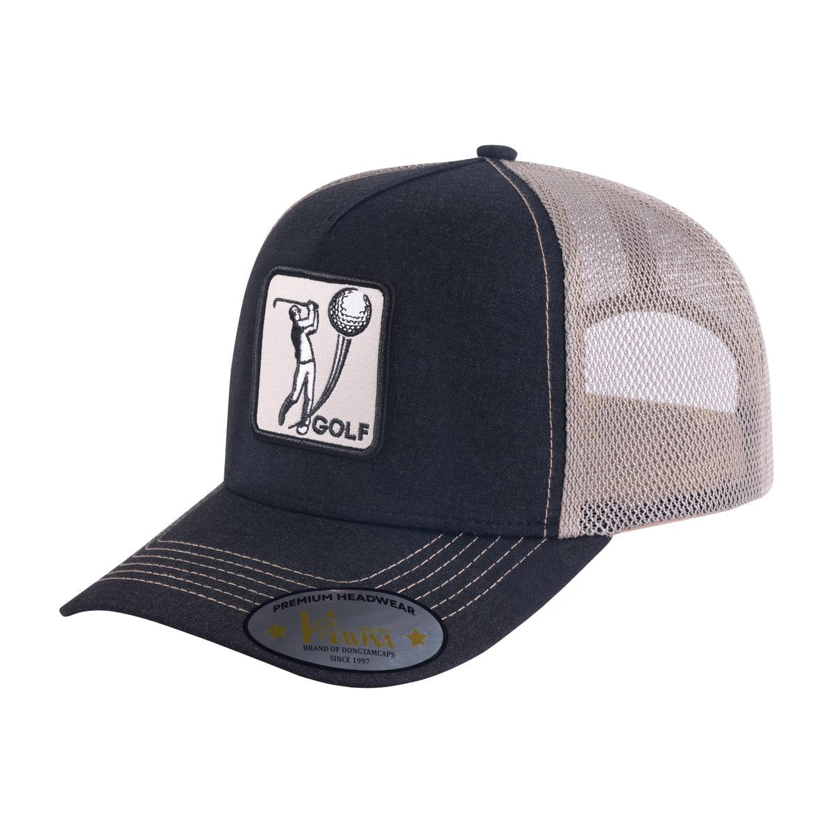 Unisex Embroidered Golf, 5-Panel Trucker Hat, Black/Light Grey, Adjustable Fit